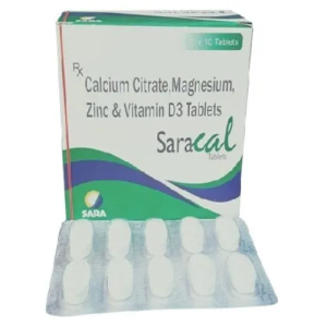 Saracal Tablets – Calcium Citrate, Magnesium, Zinc & Vitamin D3 for Bone Strength & Immunity (10 Tablets)
