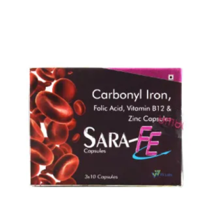 Sara-FE 30 Capsules – Iron, Folic Acid, Vitamin B12 & Zinc Supplement for Blood Health